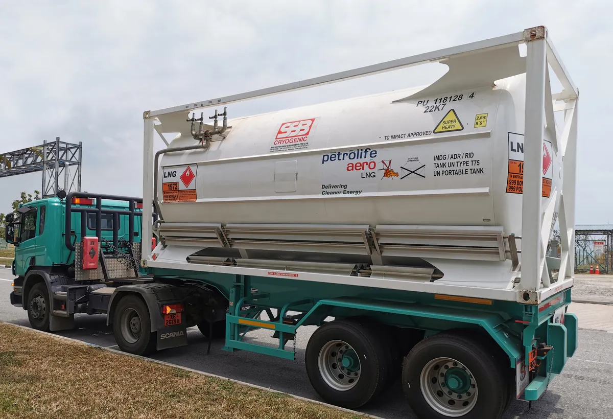 ISO tank with Petrolife and SSB markings on a trailer truck